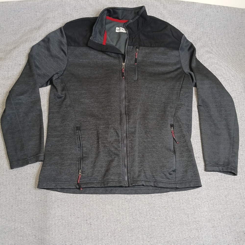 Orvis Full Zip Jacket Mens L Grey Excellent Mixed Media Fleece Lined Utility
